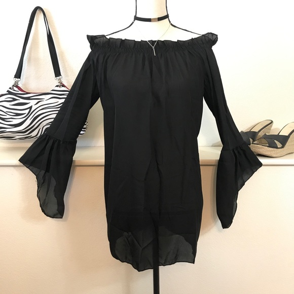 NEW Off Shoulder Black Mini Dress Boho Bell Sleeve - Picture 4 of 5