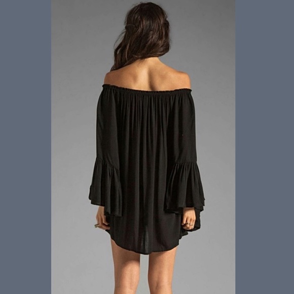 NEW Off Shoulder Black Mini Dress Boho Bell Sleeve - Picture 2 of 5