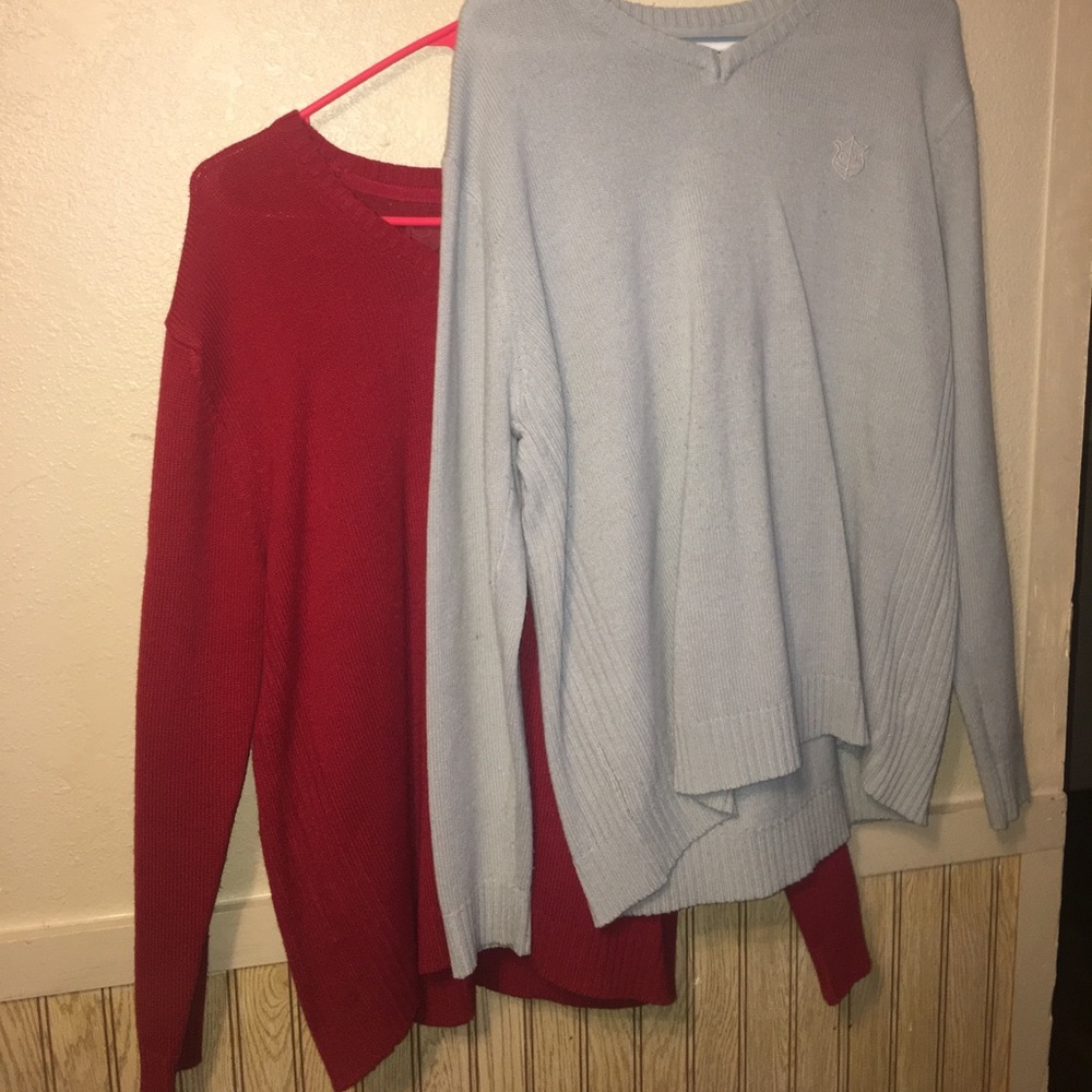 red and light blue sweaters