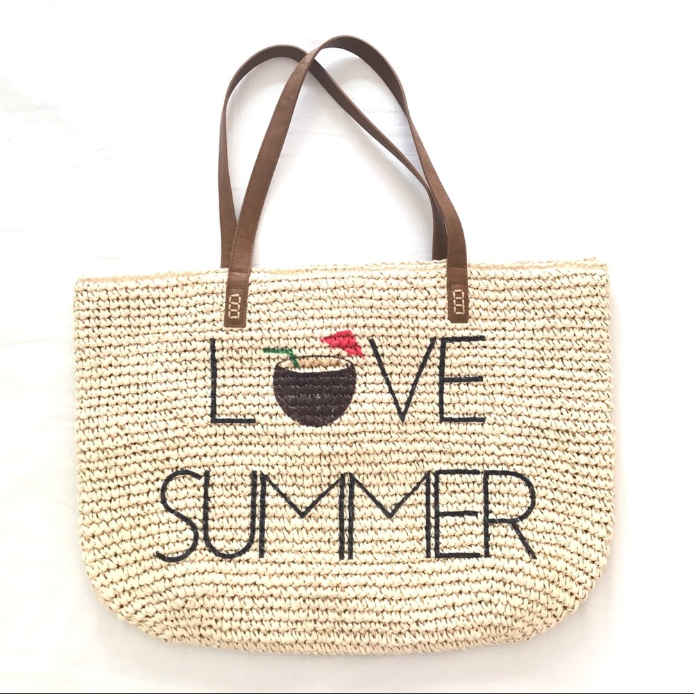 NWOT - "LOVE SUMMER" Woven Coconut Icon Beach Tote