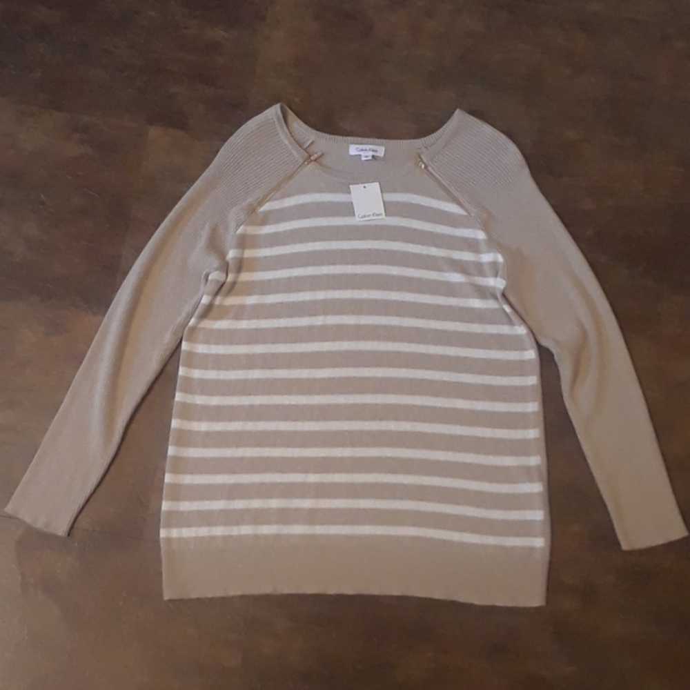 Calvin Klein Zipper Shoulder Striped Sweater