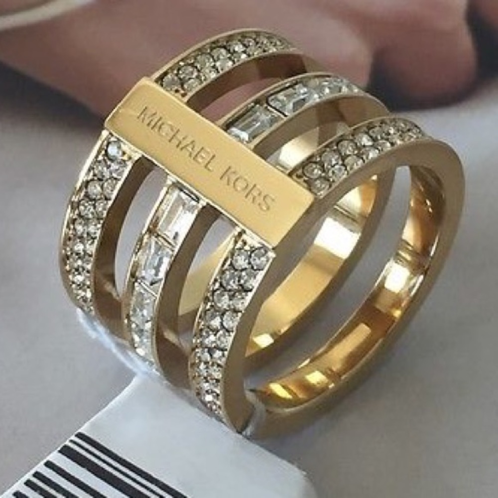 Micheal Kors Crystal "Park Ave Tri Band" Ring Gold