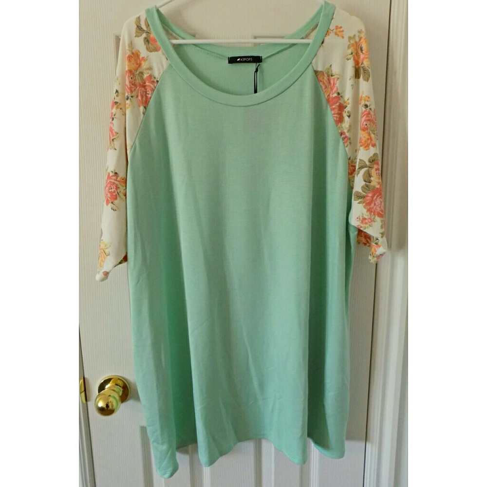 Plus Size Mint Floral Sleeve Tunic with Pockets - Picture 2 of 2