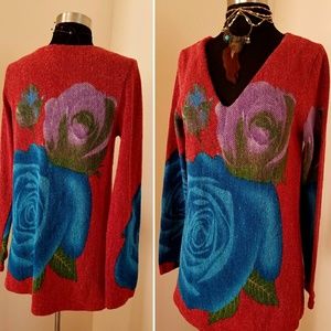Red Boho Roses Artsy Knit Tunic Sweater Mini Dress