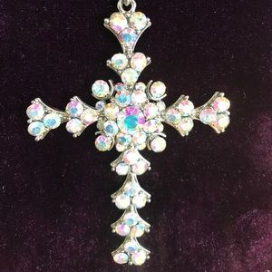 Silver tone large crystal cross