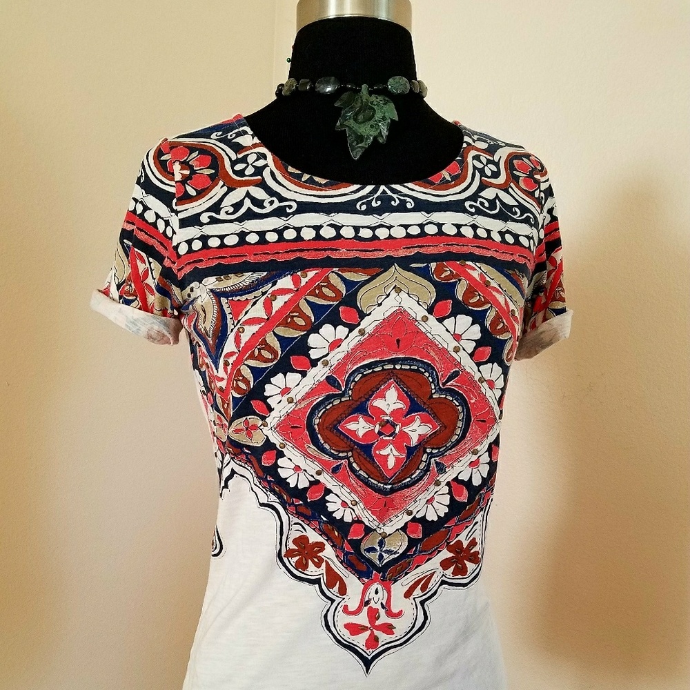 Lucky Brand Boho Paisley Cotton Hippie Top Tee
