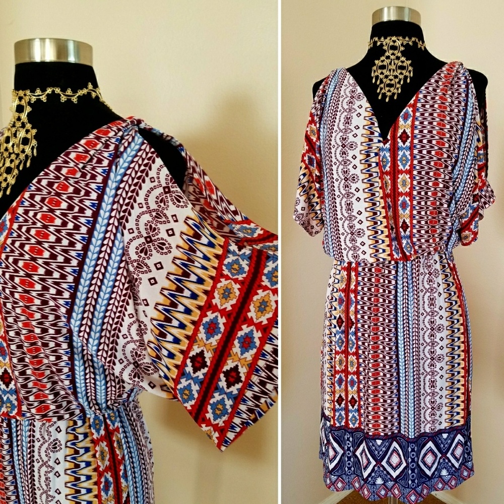 Ikat Hippie Striped Open Shoulder Ethnic Dress