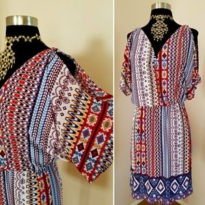 Ikat Hippie Striped Open Shoulder Ethnic Dress