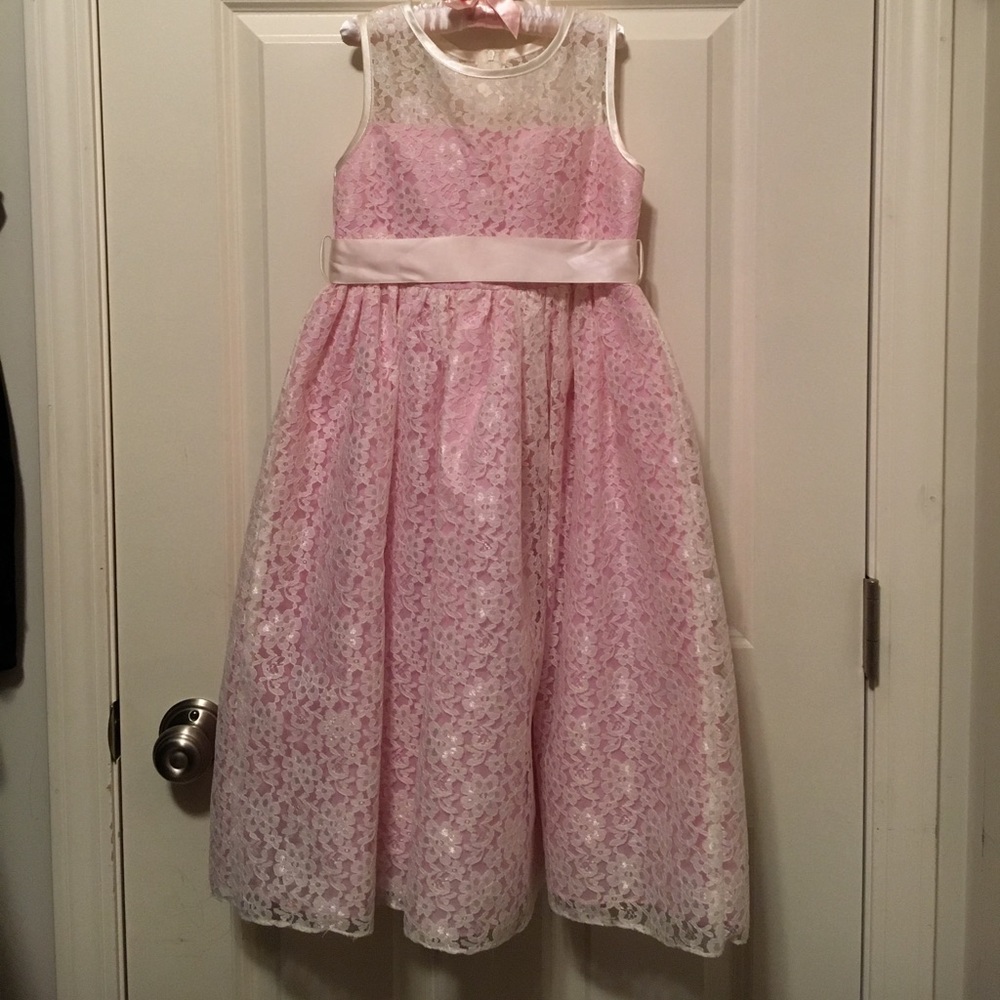Ivory lace with pink underlay flower girl dress