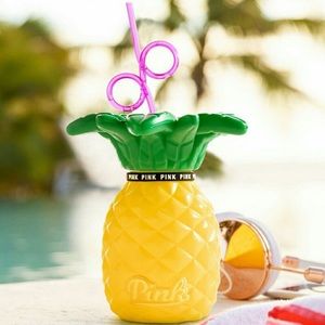 Pink Pina colada pineapple plastic cup with straw