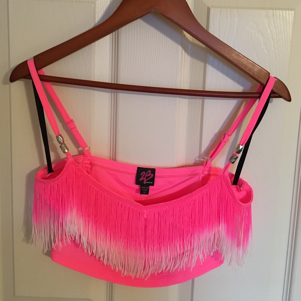 🛍NWT 2B Bebe Neon Pink Tina Fringe Crop Top🛍