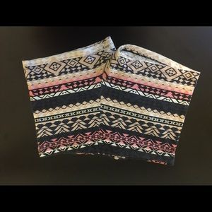 Multicolored spandex shorts.