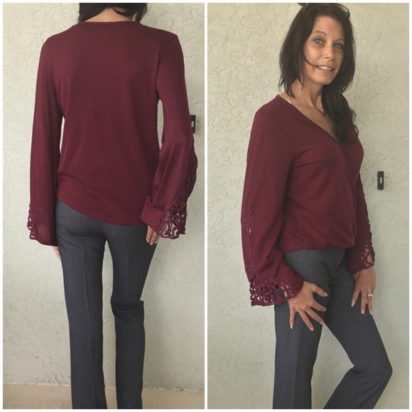 Burgundy Crochet Sleeves Blouse - Picture 4 of 4