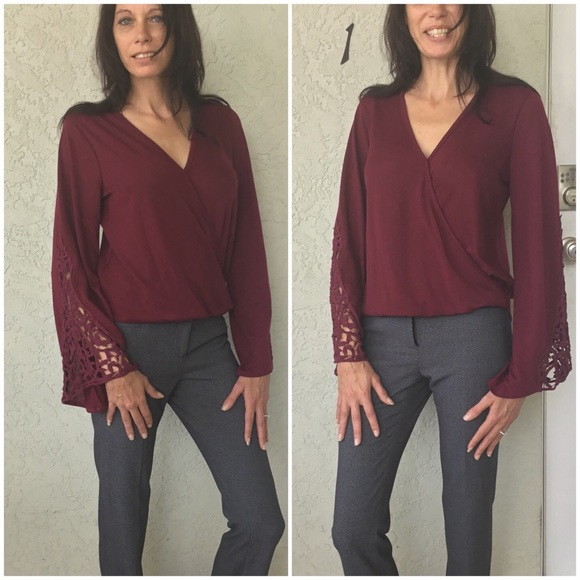 Burgundy Crochet Sleeves Blouse - Picture 3 of 4