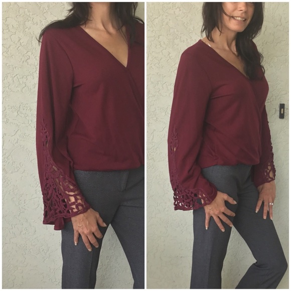 Burgundy Crochet Sleeves Blouse - Picture 2 of 4