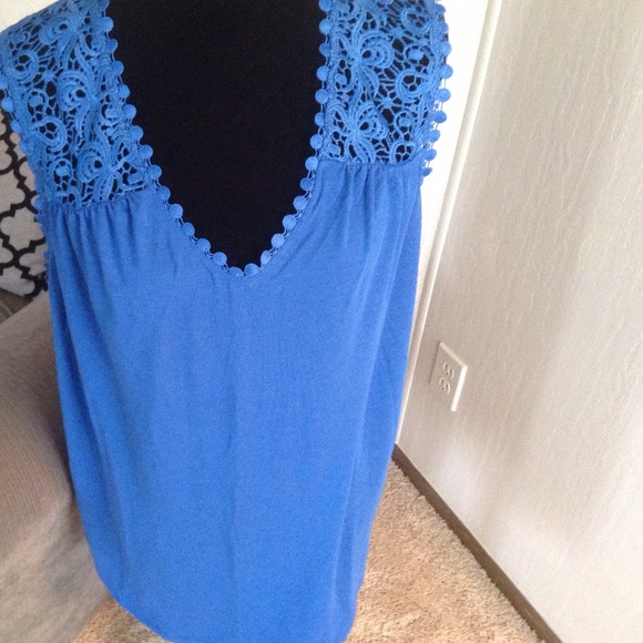 FADED GLORY Tops - Blue crochet shoulder tank top. 31" long. NWOT FADED GLORY Tops - Blue crochet shoulder tank top. 31" long. NWOT