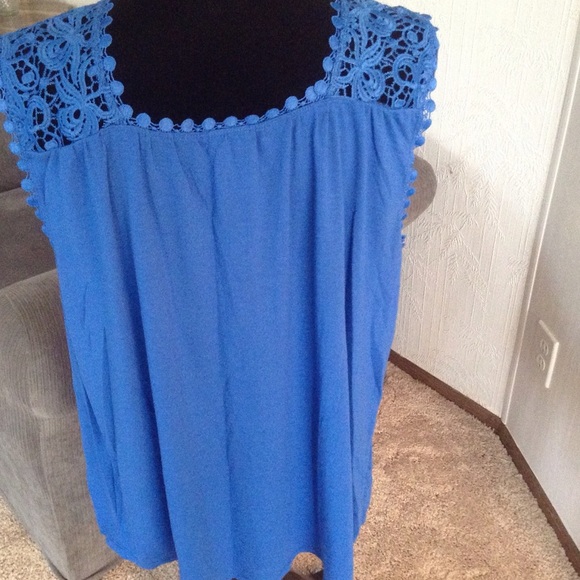 FADED GLORY Tops - Blue crochet shoulder tank top. 31" long. NWOT FADED GLORY Tops - Blue crochet shoulder tank top. 31" long. NWOT