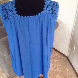 FADED GLORY Tops - Blue crochet shoulder tank top. 31" long. NWOT FADED GLORY Tops - Blue crochet shoulder tank top. 31" long. NWOT