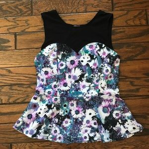 Floral Peplum Tank w/Mesh Detail & sweetheart top