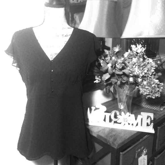 LOFT Sheer Black Empire Waist Flutter Sleeve Top - Picture 1 of 5