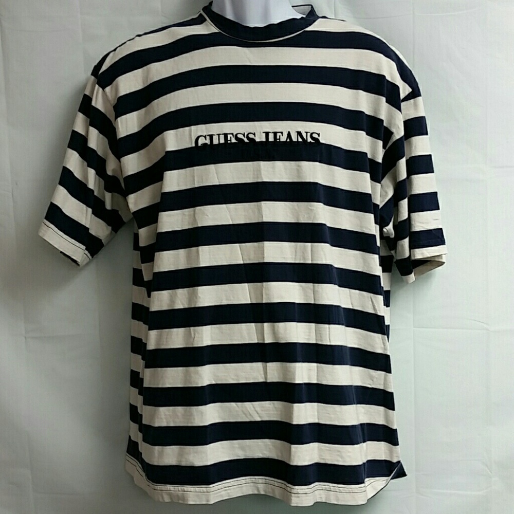 Guess Jeans USA M Navy Blue & White Striped Shirt