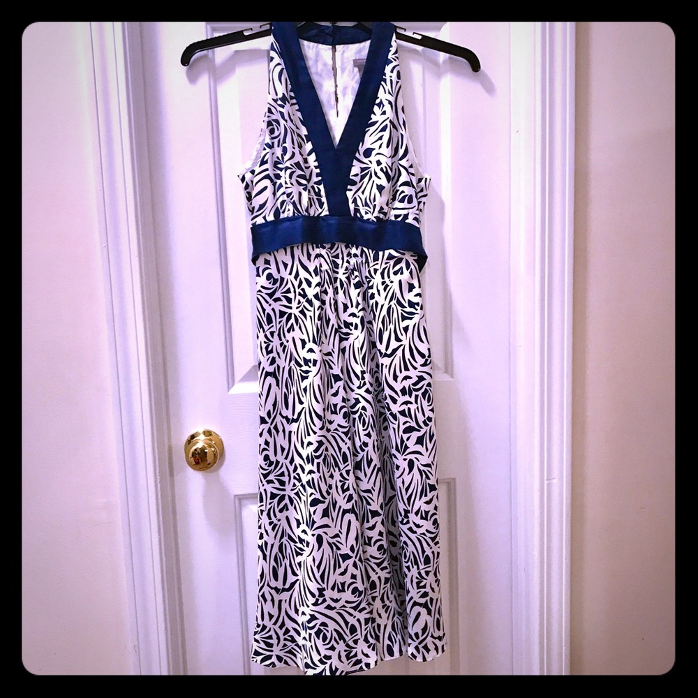 Ann Taylor NWOT Silk Dress Navy White Full Skirt 0