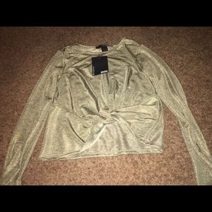 Gold front tie long sleeve crop top
