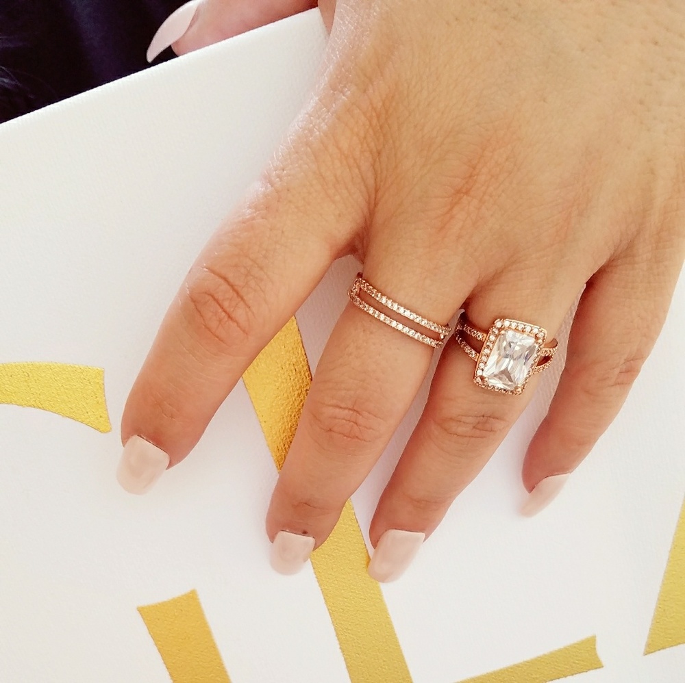 Rose Gold Emerald Cut AAA CZ Micro Pave Ring - Picture 3 of 6