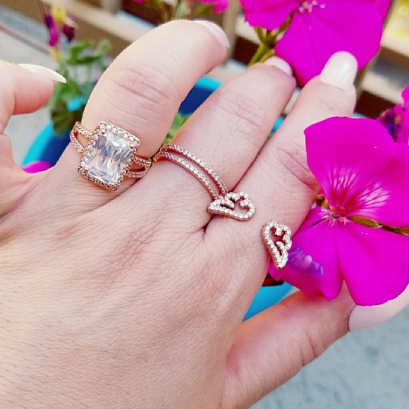 Rose Gold Emerald Cut AAA CZ Micro Pave Ring - Picture 4 of 6