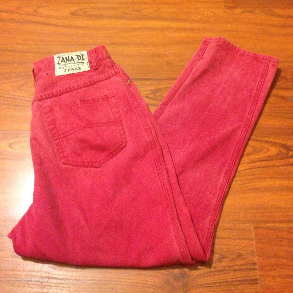 90s Vintage High Waisted Mom Jeans Tapered Leg Loose Fit Faded Red Denim Size 14