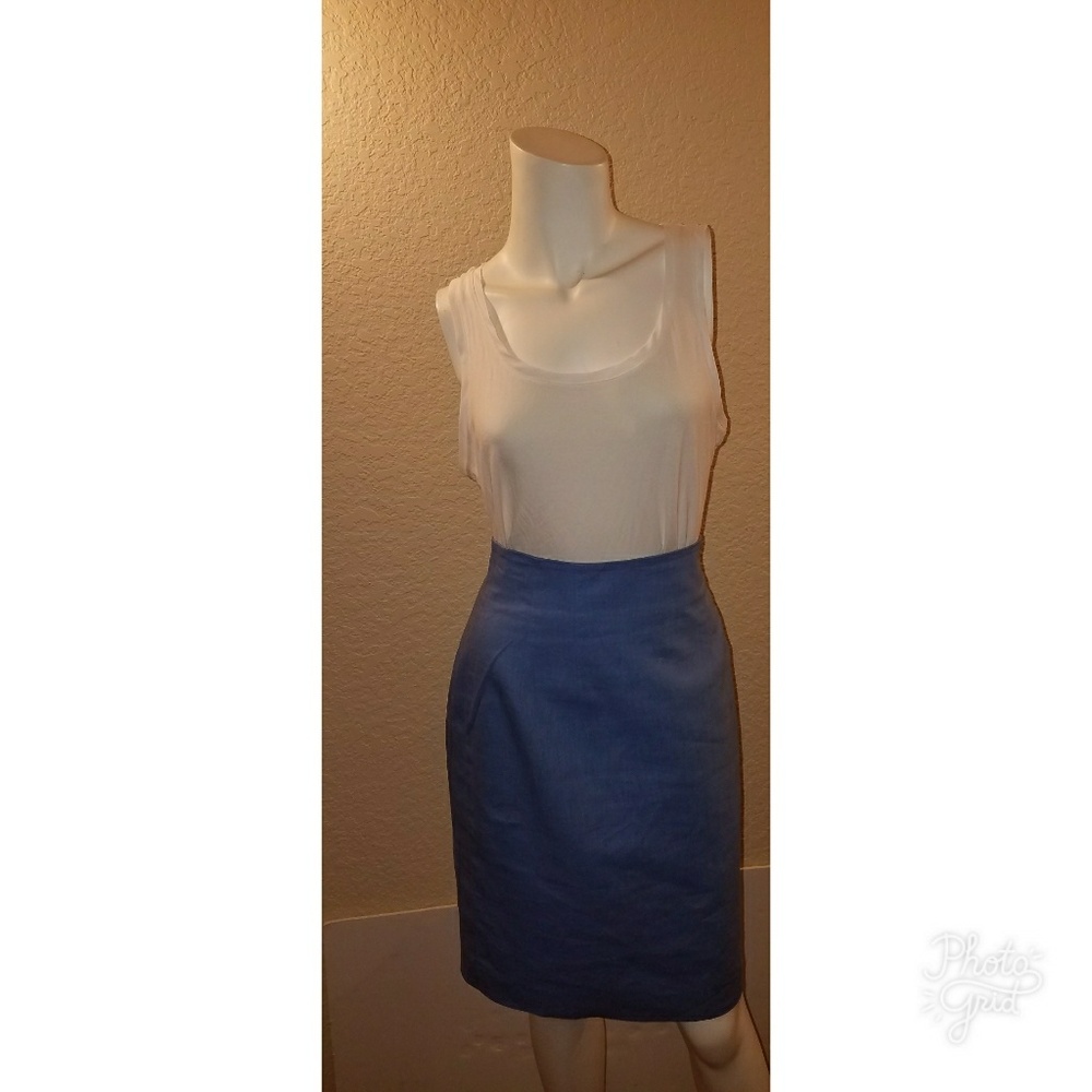 BLUE LINEN BLEND PENCIL SKIRT