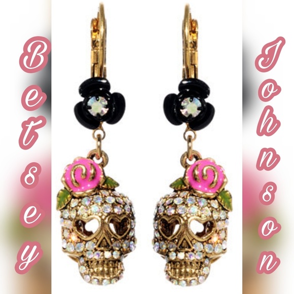Betsey Johnson Rhinestone Skeleton Earrings Fishhook Closure NEW - Picture 2 of 2