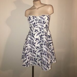 Strapless blue and white dress