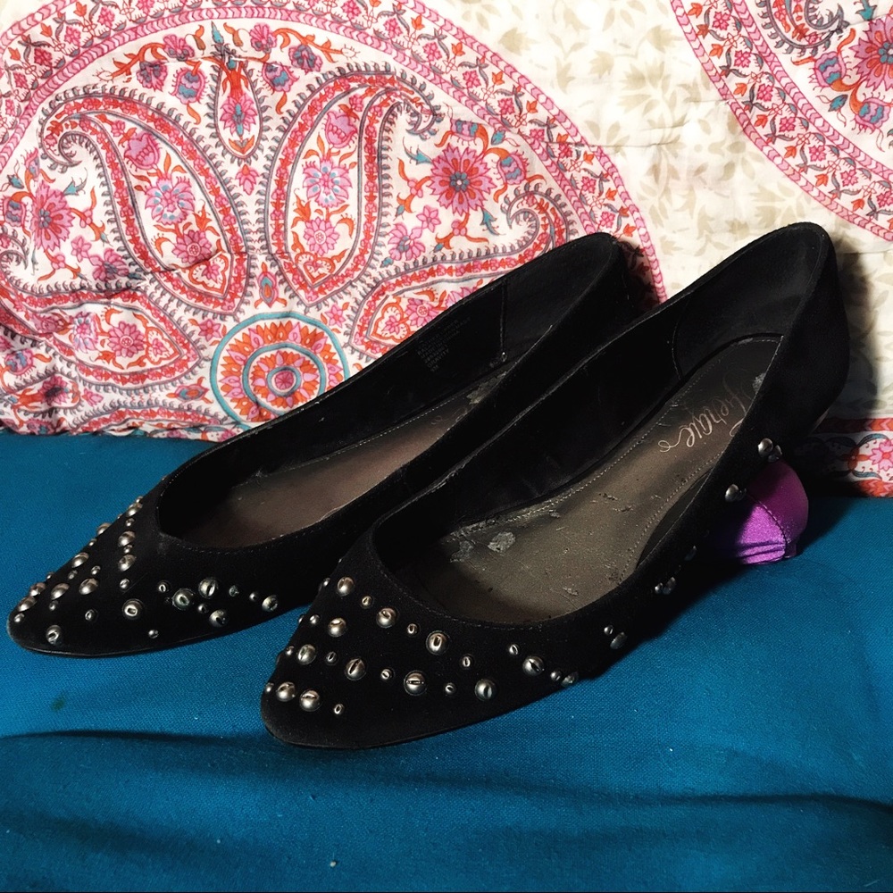 Black Suede Studded Flats Pointed Toe