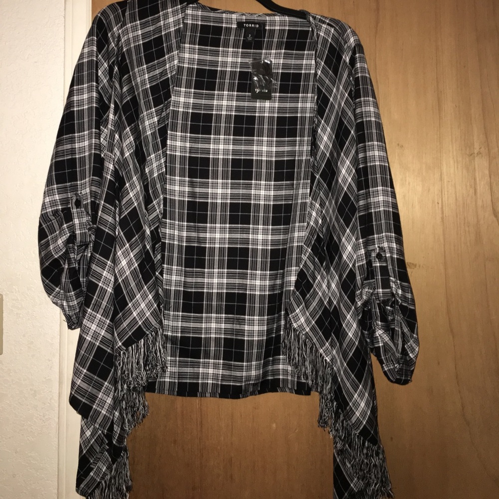 Super cute plaid fringe kimono!