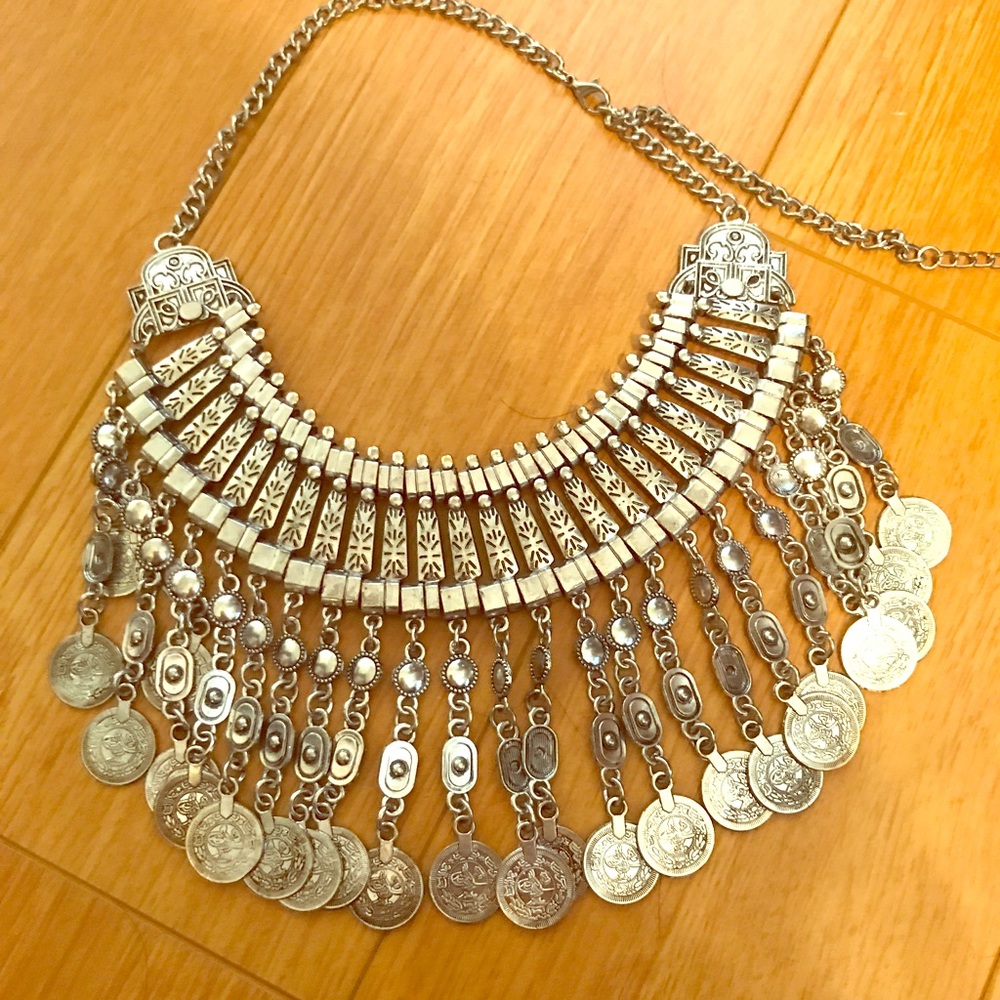 Silver colored tribal collar necklace