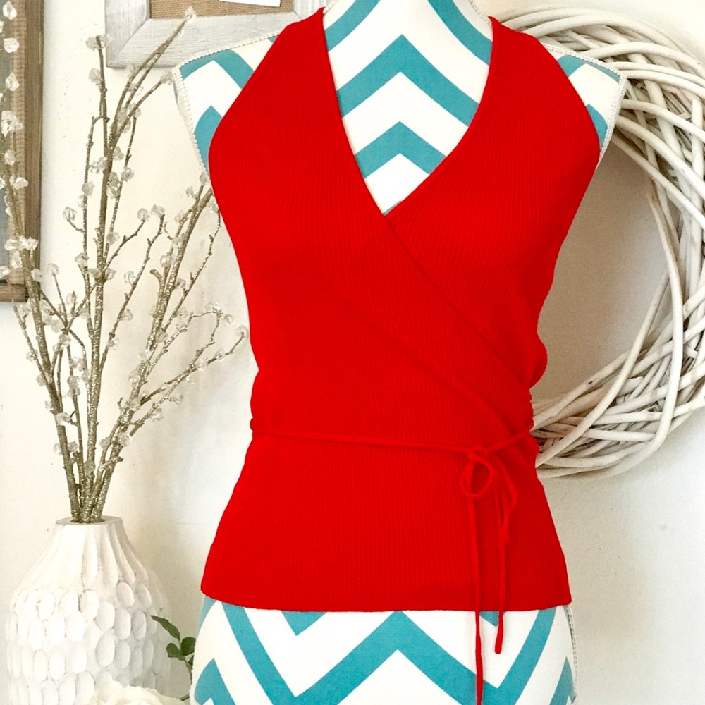 Moa Moa Red Ribbed Wrap Top - Sz L small fit (EUC)
