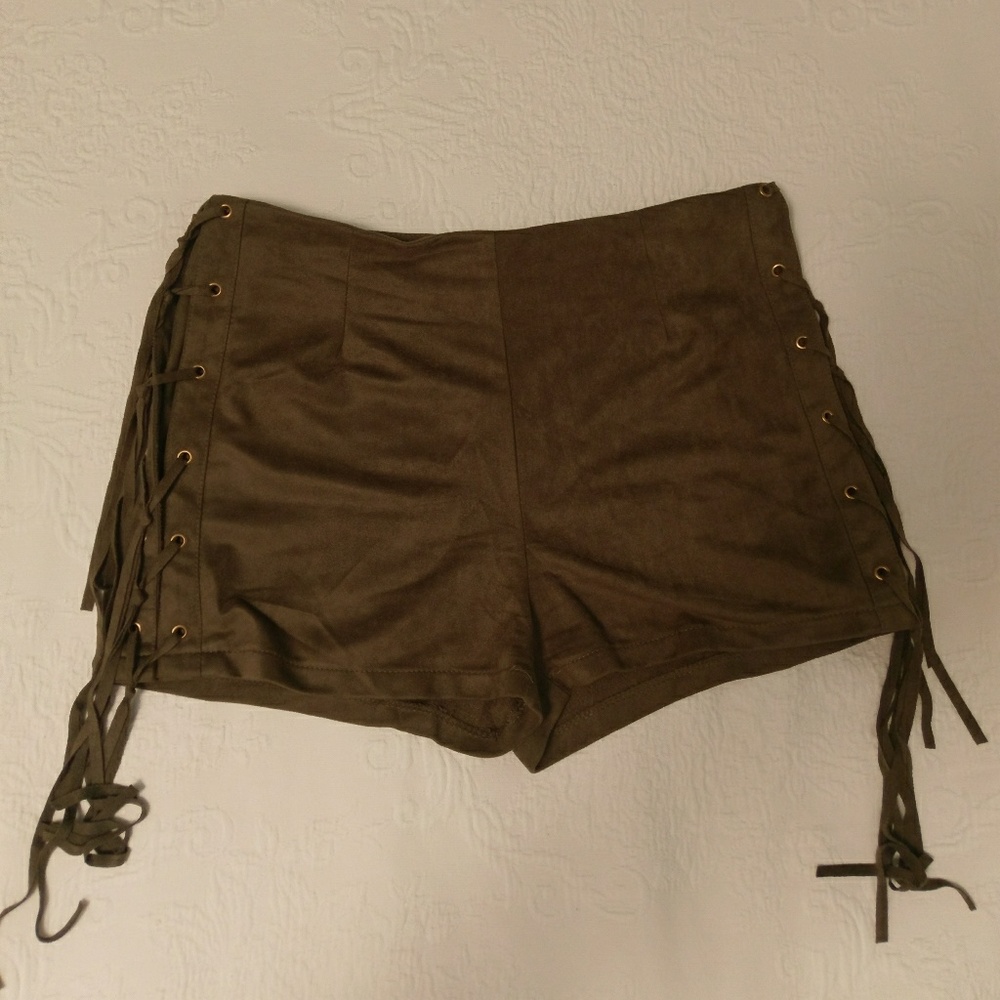 Army green suede fringe shorts