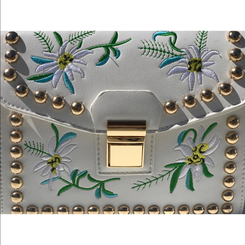 Vegan Leather Gold Studded Embroidered Mini Bag