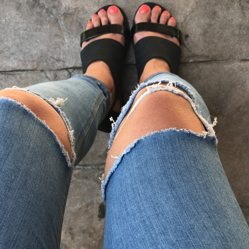 Matte Black Nubuck Leather Low Wedge Sandals - Picture 7 of 8