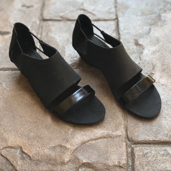 Matte Black Nubuck Leather Low Wedge Sandals - Picture 3 of 8
