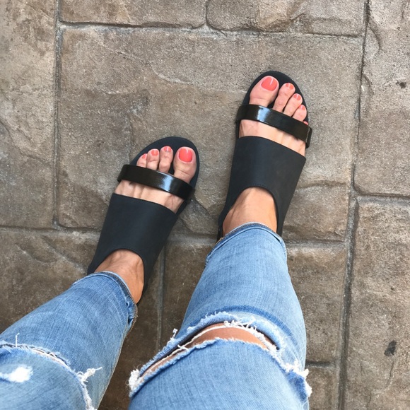 Matte Black Nubuck Leather Low Wedge Sandals - Picture 6 of 8