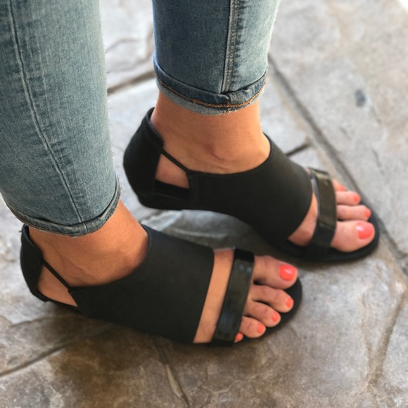 Matte Black Nubuck Leather Low Wedge Sandals - Picture 2 of 8