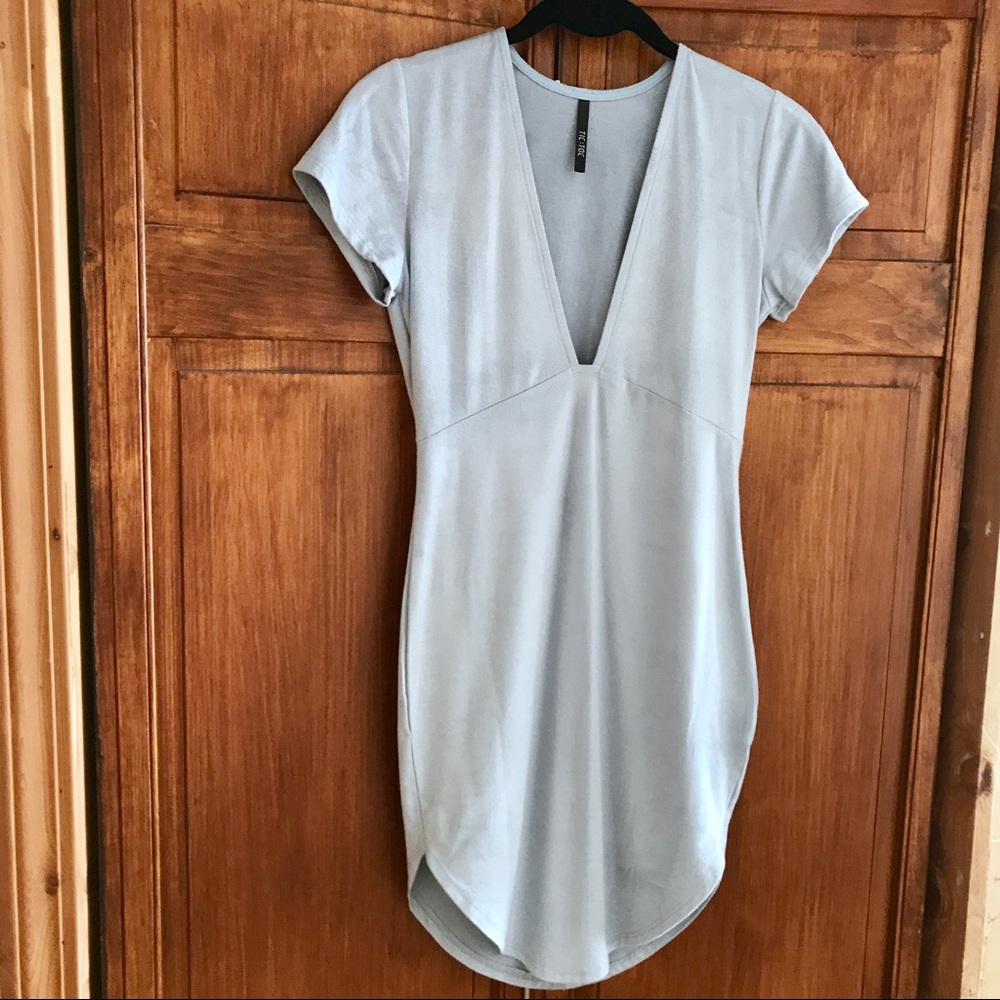 Suede Curved Hem Mini Tee Dress - Dusty Blue