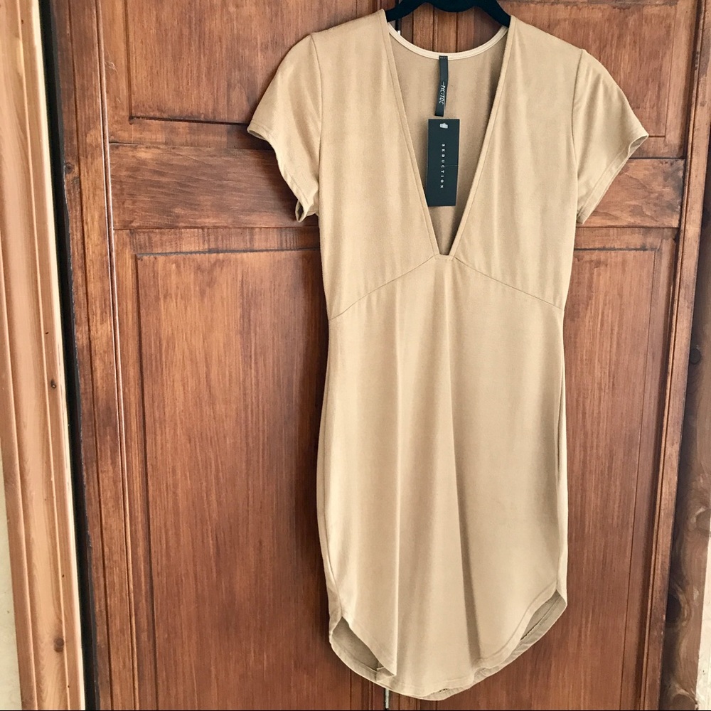 Suede Curved Hem Mini Tee Dress - Camel