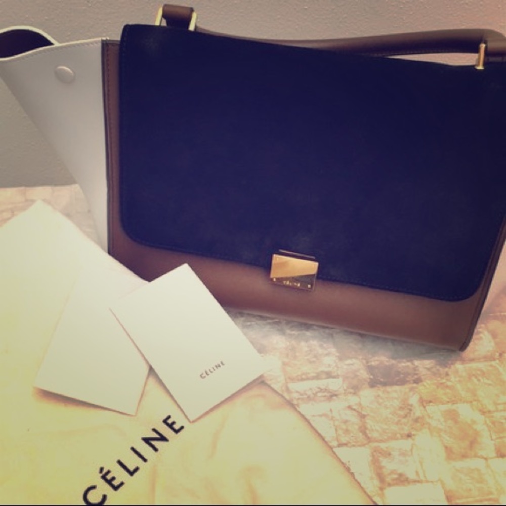 CELINE tri color black suede tan and white leather