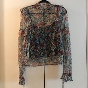 TOPSHOP Floral Mesh Frill Blouse