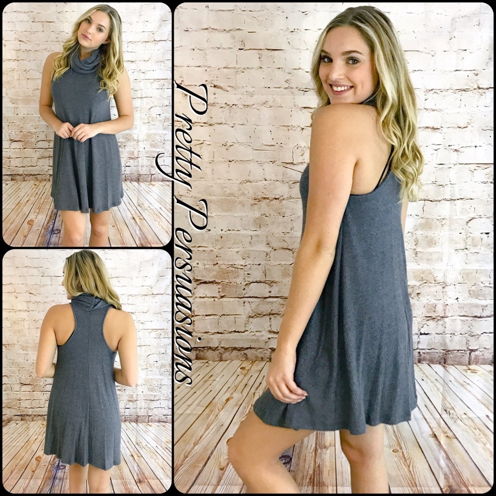 Cowlneck Gray Brushed Two Toned Ribbed Knit Dress - Picture 2 of 4