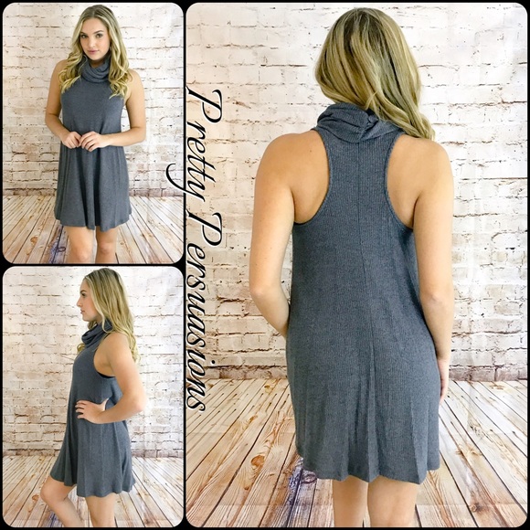Cowlneck Gray Brushed Two Toned Ribbed Knit Dress - Picture 3 of 4
