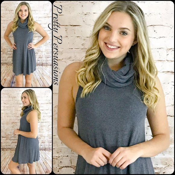 Cowlneck Gray Brushed Two Toned Ribbed Knit Dress - Picture 4 of 4